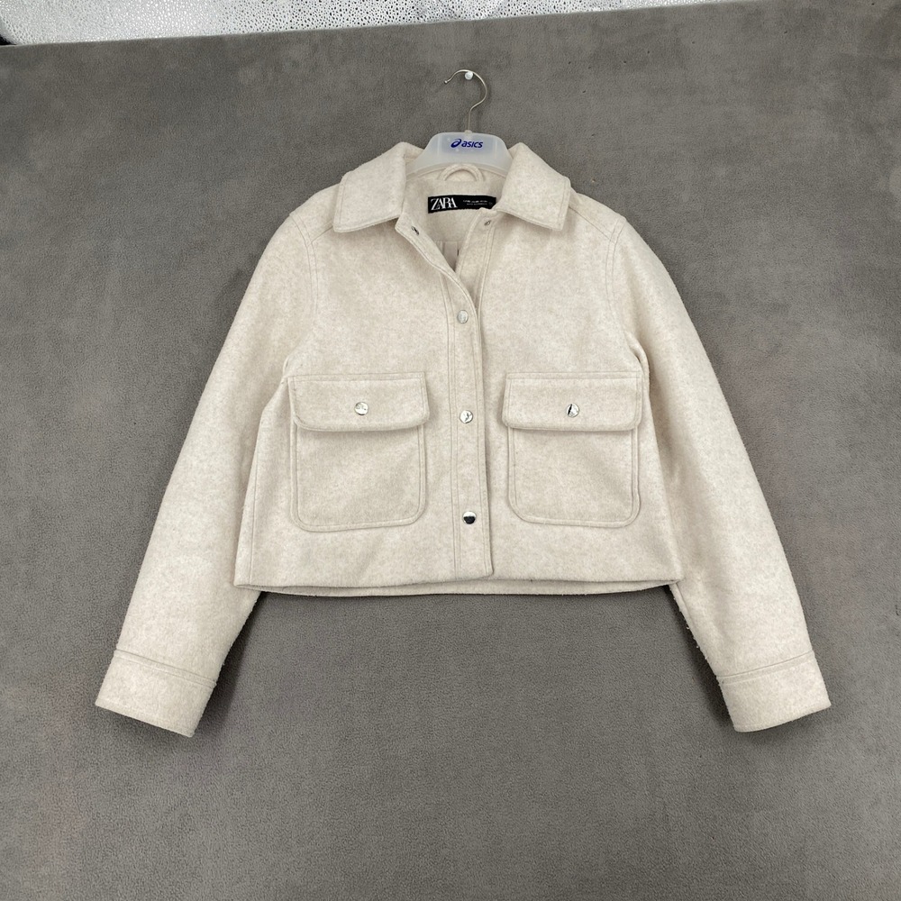 Zara Womens XS Cropped Shirt Jacket Oatmeal Off White Snap Button 3046/260